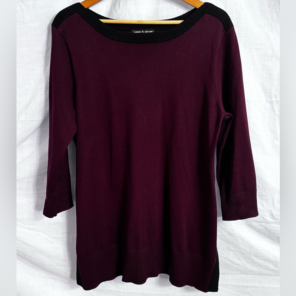 Cable & Gauge Burgundy with Ribbed Black Trim Tunic Sweater in XL (16-18)